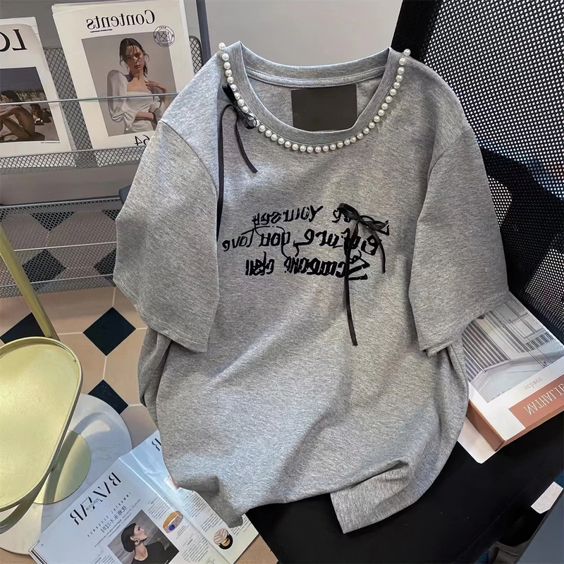 灰色时尚韩系珍珠蝴蝶结字母短袖T恤女夏新款设计感气质减龄上衣