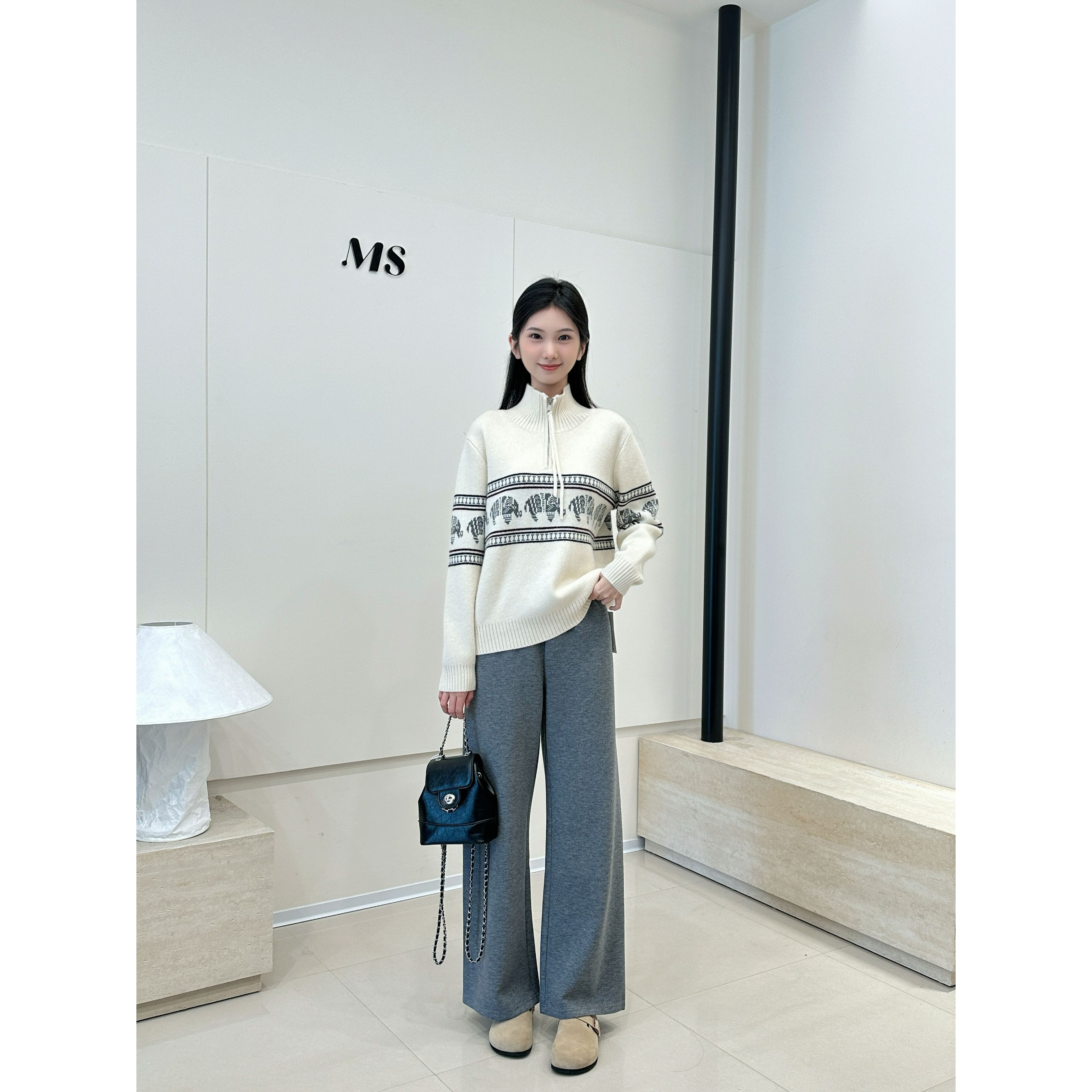 秋冬半拉链设计感圆领套头长袖毛衣软糯舒适气质减龄2025冬新款