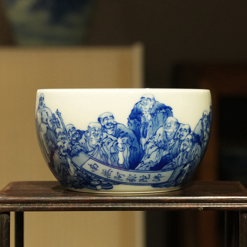 景德印象十八罗汉腰鼓杯柴窑纯手绘青花主人杯