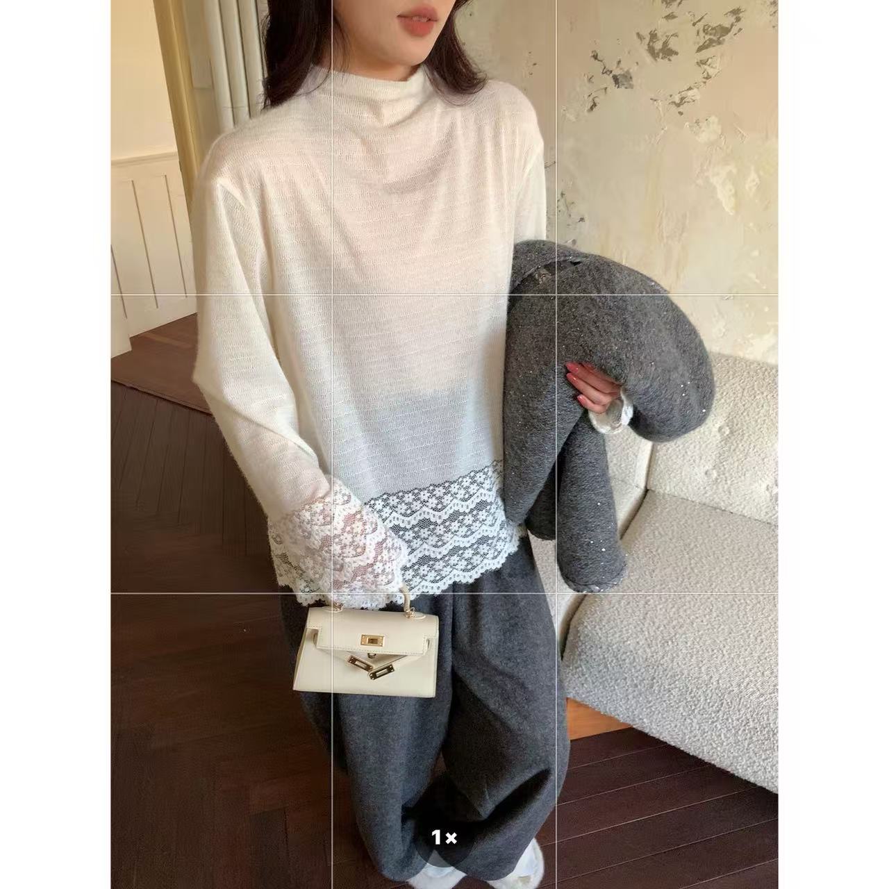 【NAZ微胖大码定制】时尚绒感蕾丝花边下摆精致感打底上衣