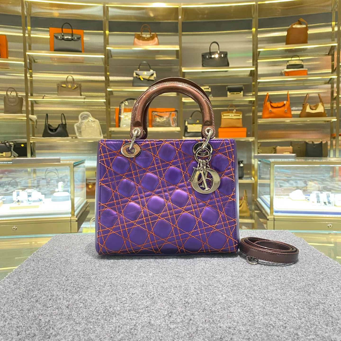 99新 DIOR/迪奥 荧光紫五格戴妃手提单肩包