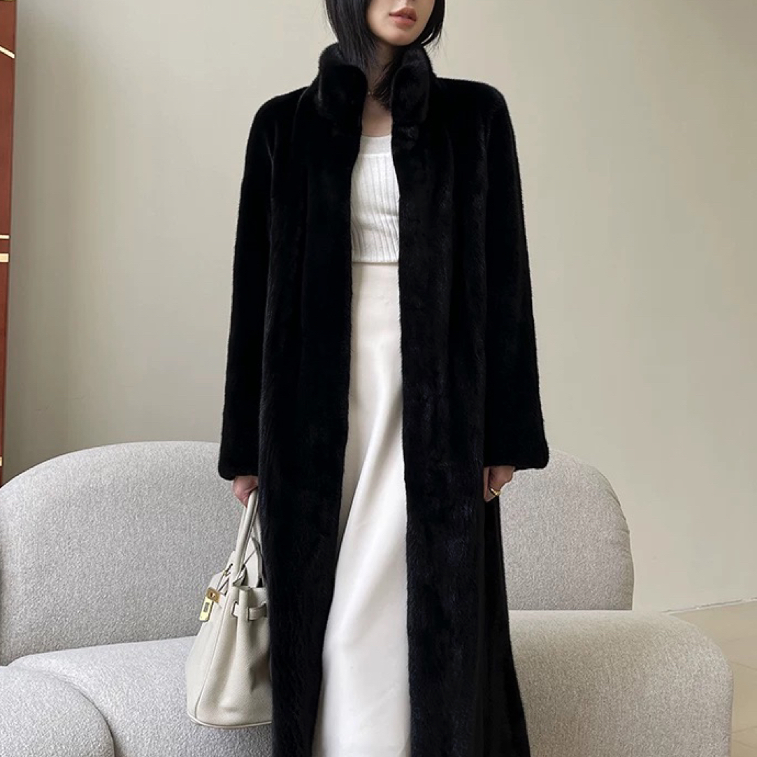 一米二黑色进口天鹅绒貂皮大衣女整貂长款立领时尚年轻水貂皮草