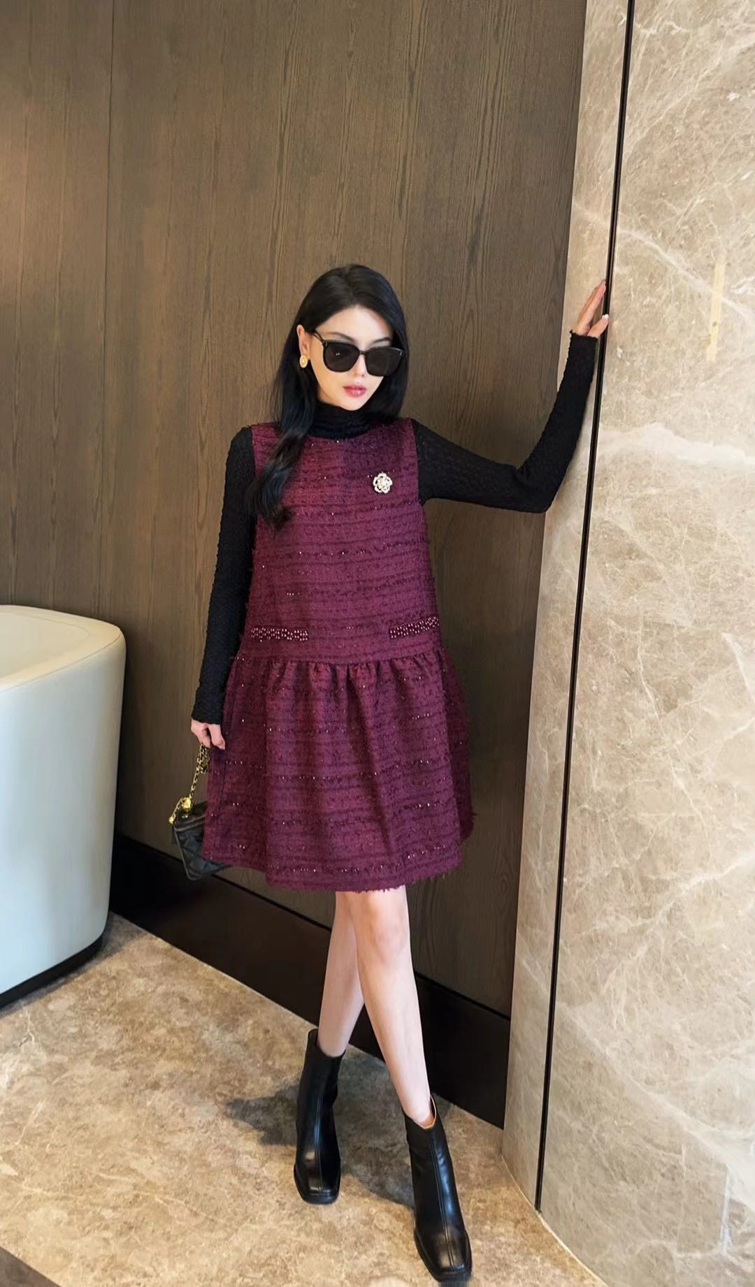 小咖甄选-胸花紫色两件套连衣裙68716