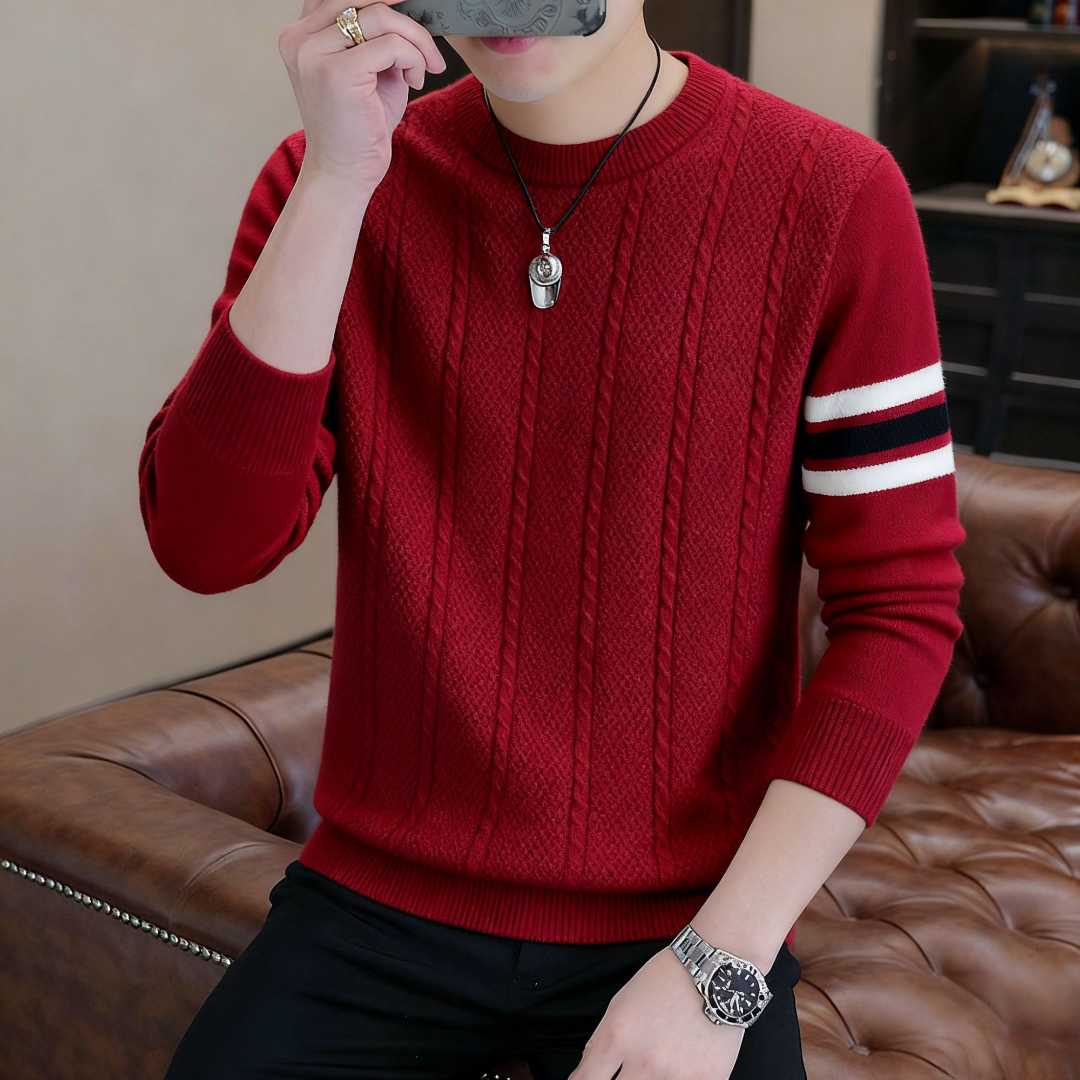 A34绵羊毛圆领浮雕男士针织衫毛衣套头衫休闲加厚保暖长袖打底