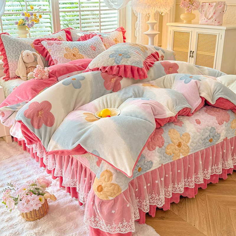冬季加厚牛奶绒床盖四件套蕾丝花边珊瑚绒夹棉床单双面绒保暖被套