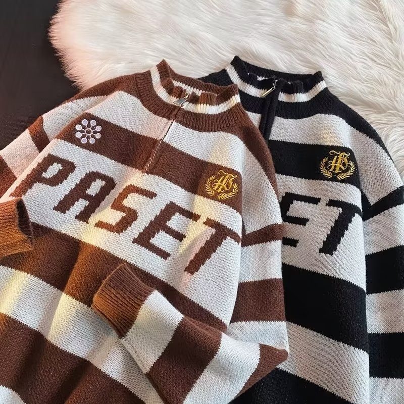 秋冬新款美式条纹复古毛衣男高领休闲宽松慵懒风情侣长袖针织百搭