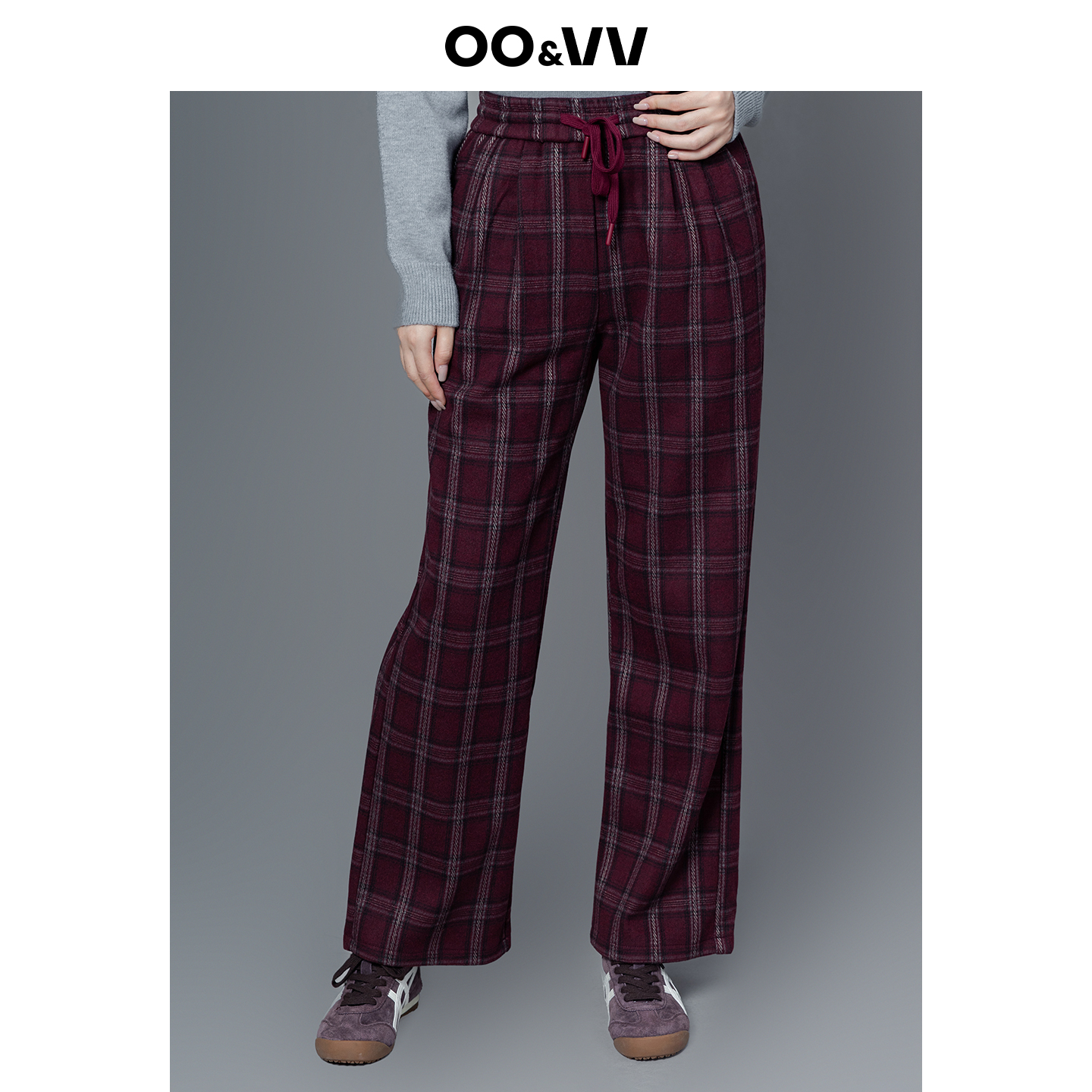 OO&VV复古几何米格纹休闲卫裤女2025秋冬新款高腰宽松系带阔腿裤