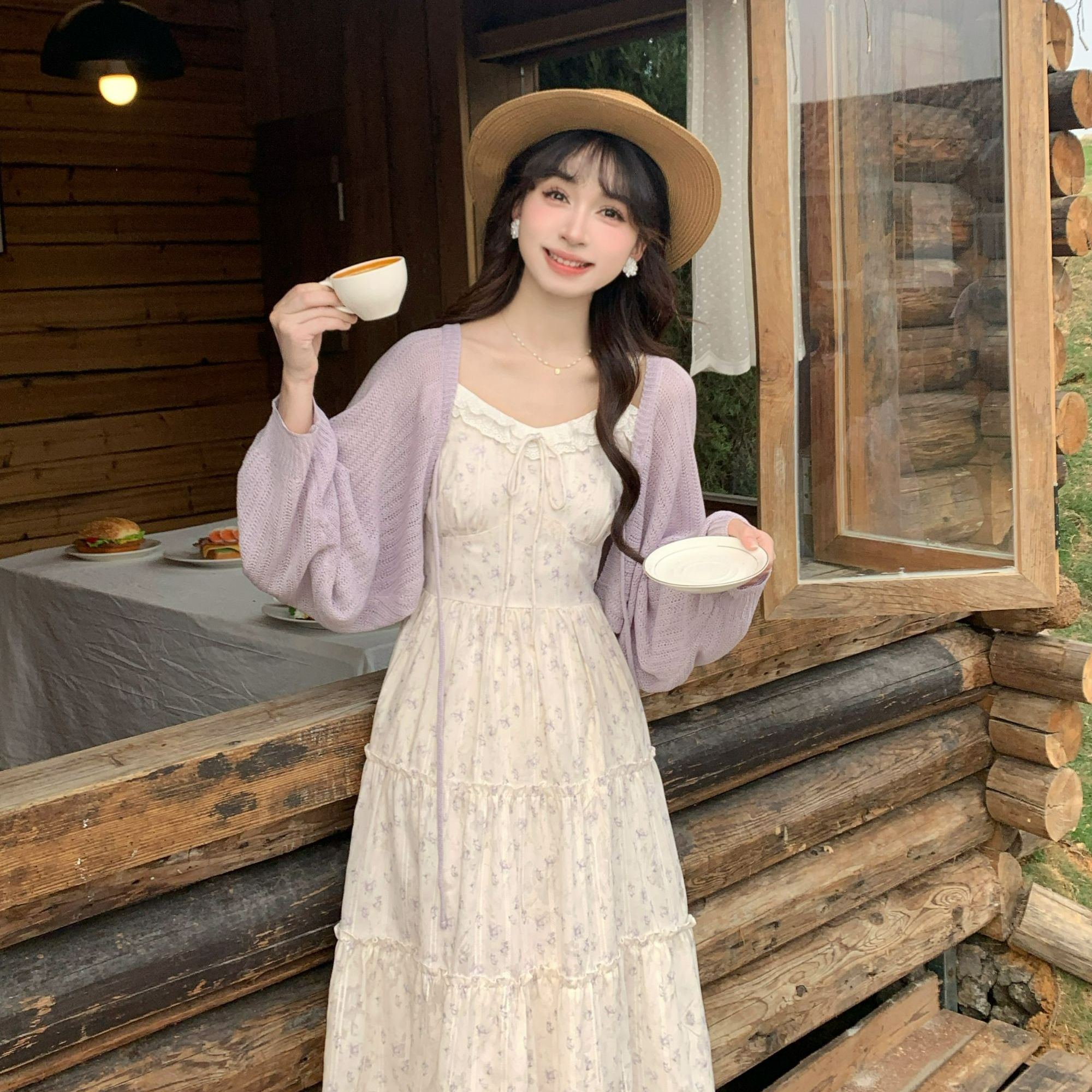 慕兔韩系百搭减龄温柔2025春季新款碎花裙子配百搭针织开衫两件套