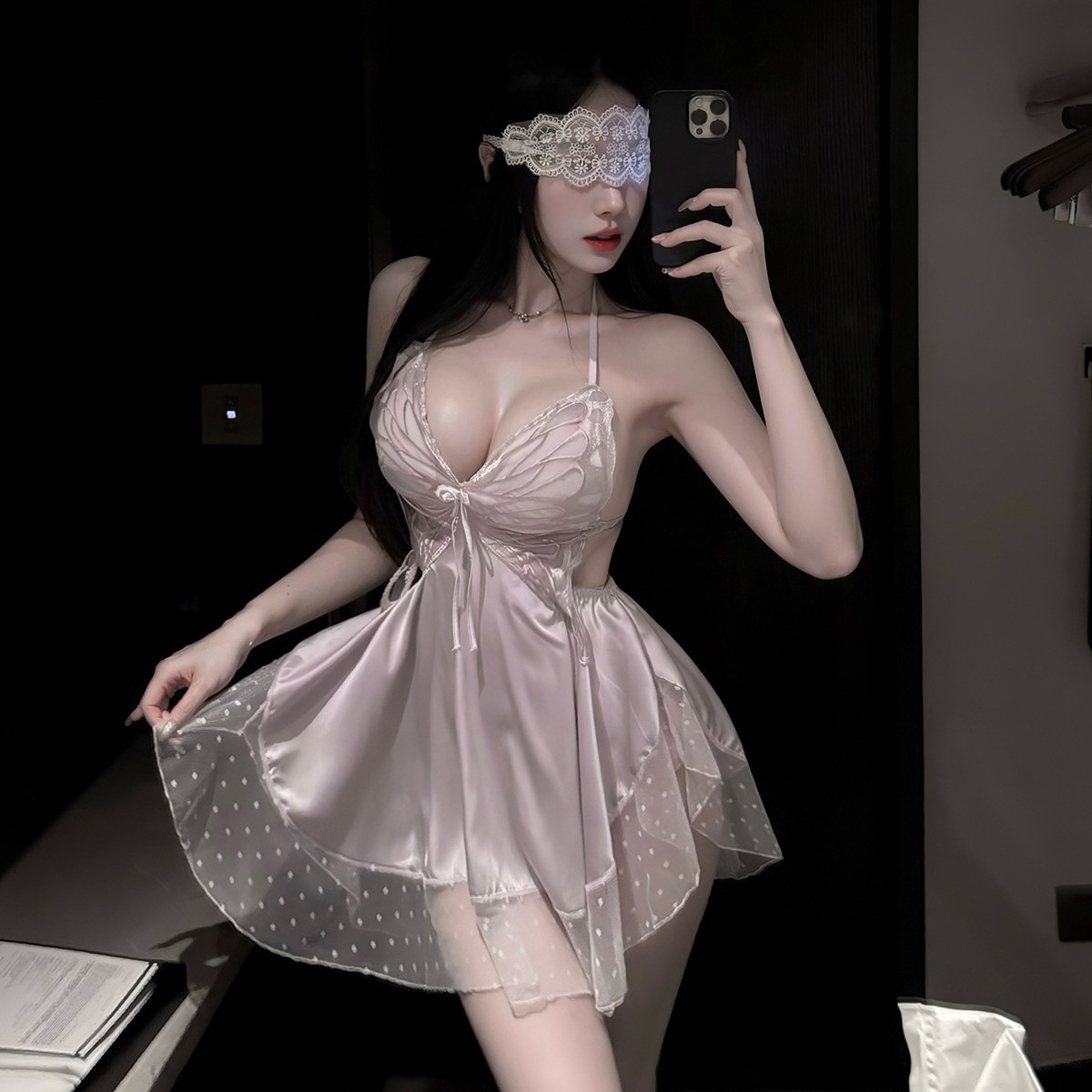 【寅绮阁】性感蕾丝纯欲睡裙女露背家居服法式蝴蝶结聚拢带胸垫睡衣