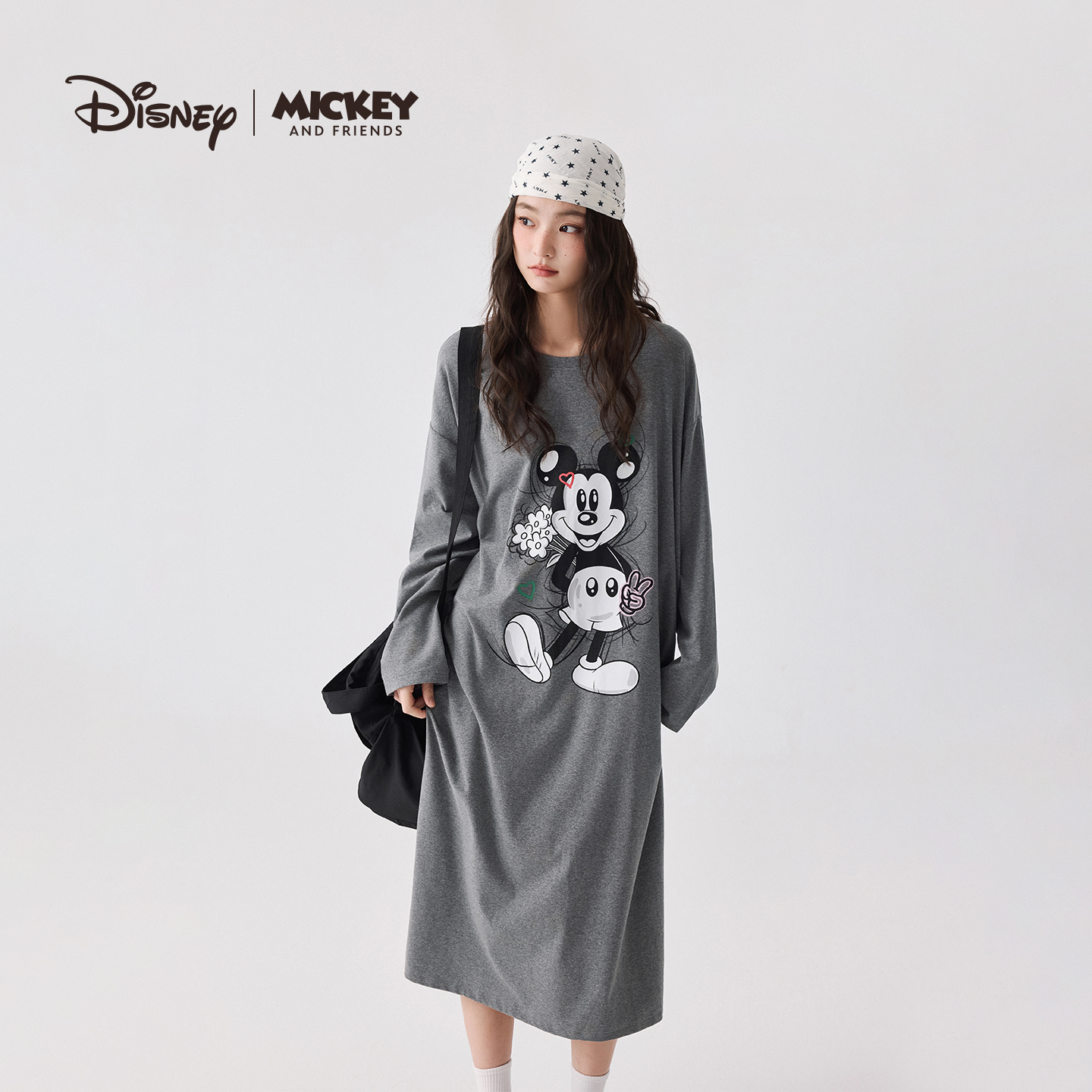 迪士尼米奇莫代尔棉可外穿长袖宽松卡通睡裙睡衣家居服秋C53885