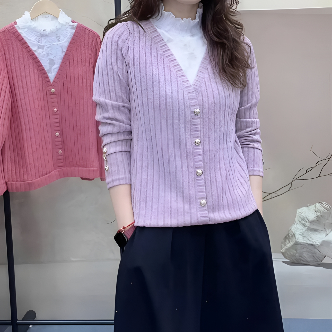 时尚欧货2025爆款春秋蕾丝半高领假两件弹力时尚休闲气质百搭上衣