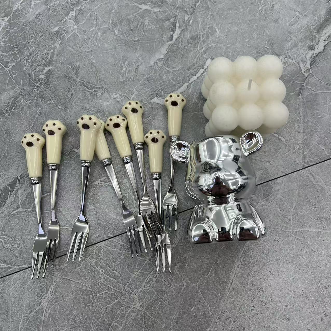 银色小熊底座+8支小猫爪叉子家用厨房必备轻奢现代【汤家限定】