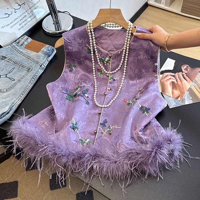 高级感印花夹棉马夹外套新中式国风毛毛马甲女盘扣无袖坎肩气质潮