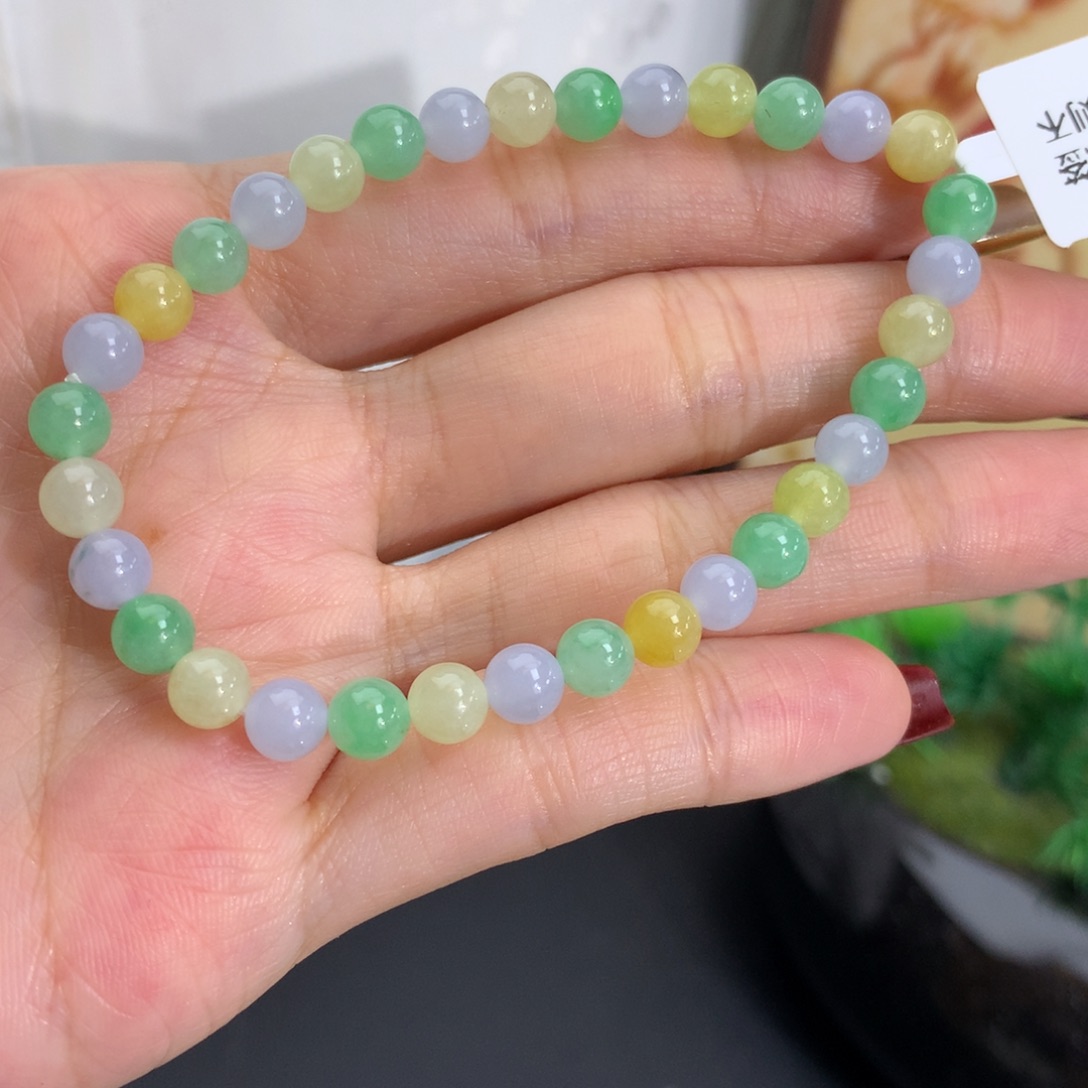 翡翠未镶嵌手串卡5.4胶润紫绿黄手串