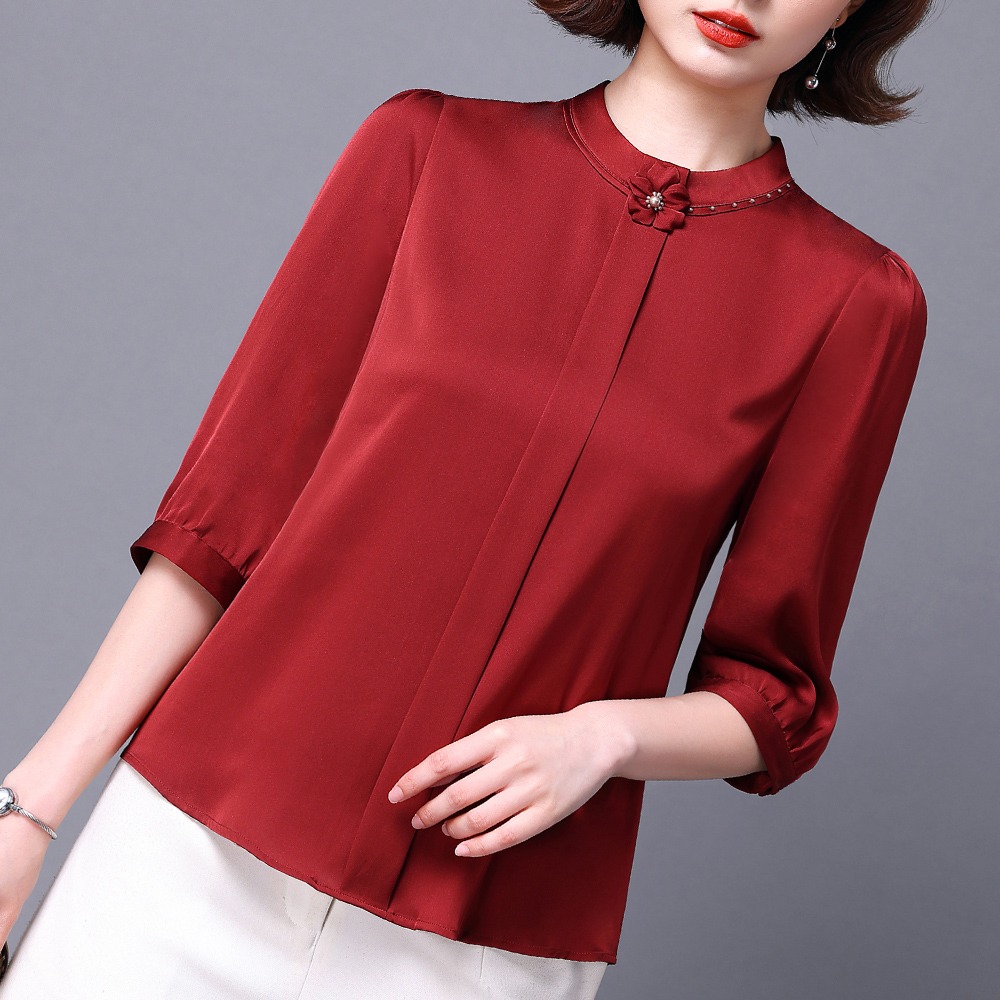 新中式妈妈小衫洋气新款高档真丝上衣女国风小衫桑蚕丝短袖T恤夏