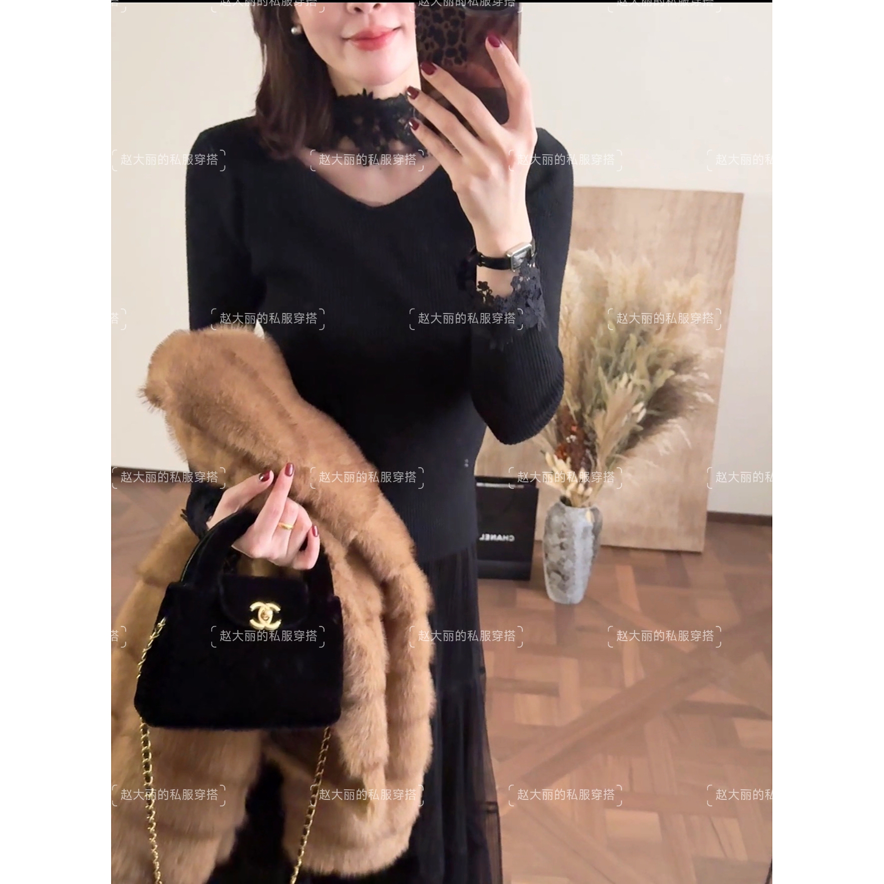 老赵服饰 蕾丝花边网纱拼接V领长袖修身针织打底上衣21AU5384