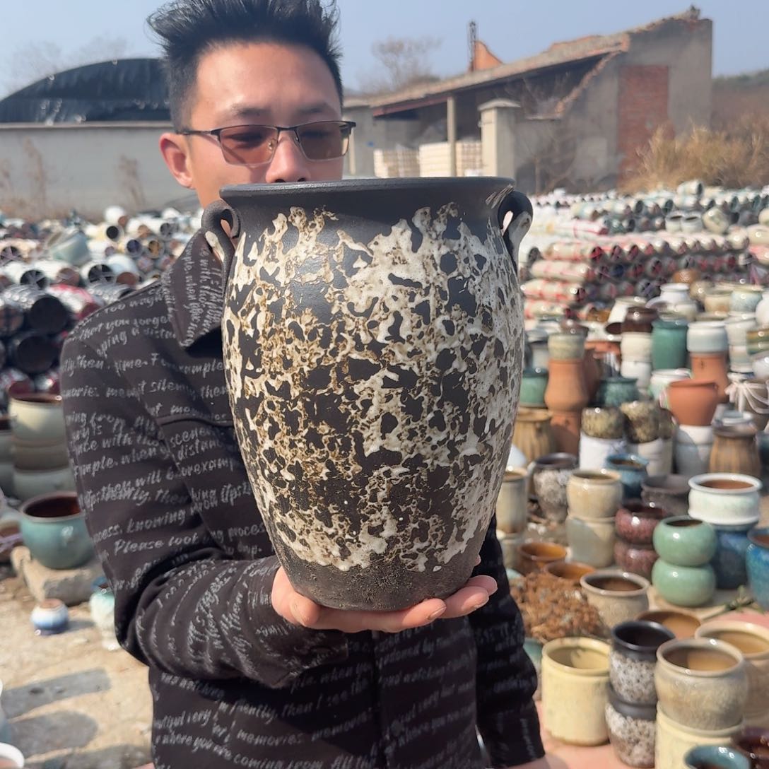 紫砂花盆口20高28.5（一个老庄黑色姹寂