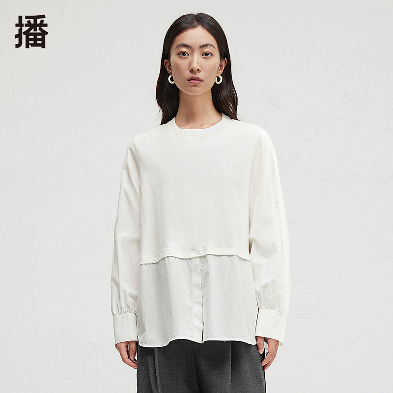 【王雪糕专属】播拼接设计T恤女早秋圆领休闲宽松上衣BDR3YD1764