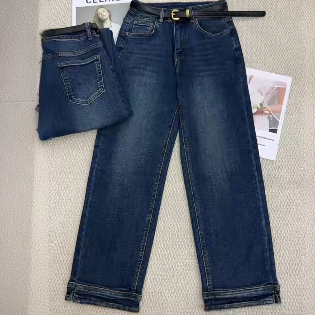 14540冬季新款加绒加厚高腰显瘦直筒牛仔裤显高又百搭