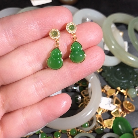 和田玉耳饰银S925镀金镶嵌