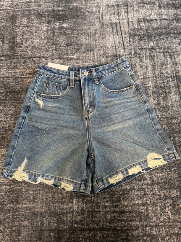 欧货自制 毛边破洞牛仔短裤女2025高腰显瘦宽松阔腿四分裤子