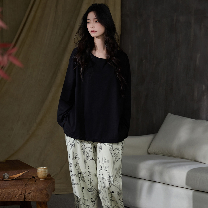 花丛丽影2025年秋季抗菌纯棉家居服女简约AB版高级感muji风睡衣