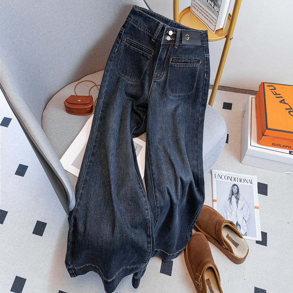 023复古高腰水洗阔腿牛仔裤女春秋季2025宽松微喇裤直筒拖地裤子
