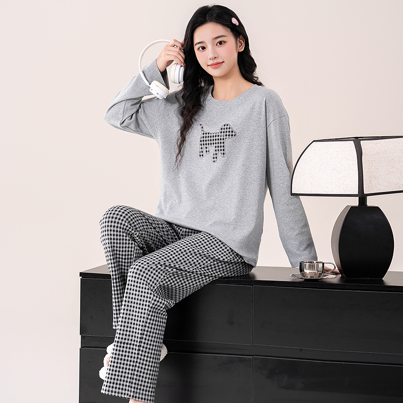 【刺绣小狗】睡衣女长袖长裤秋季新款家居服休闲纯棉时尚圆领带胸垫