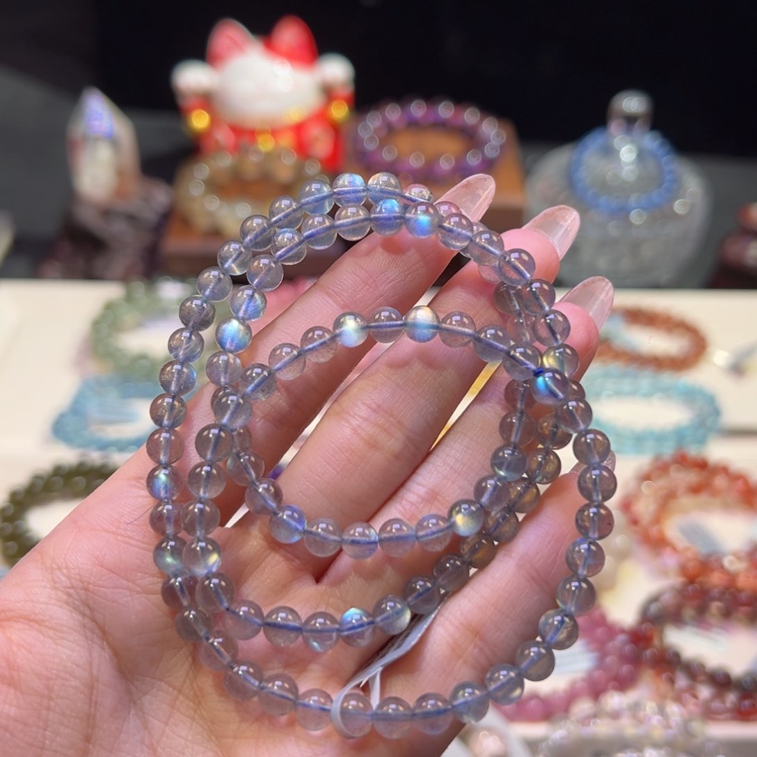 长石手串未镶嵌5m➕收藏级灯泡净体灰月光三圈