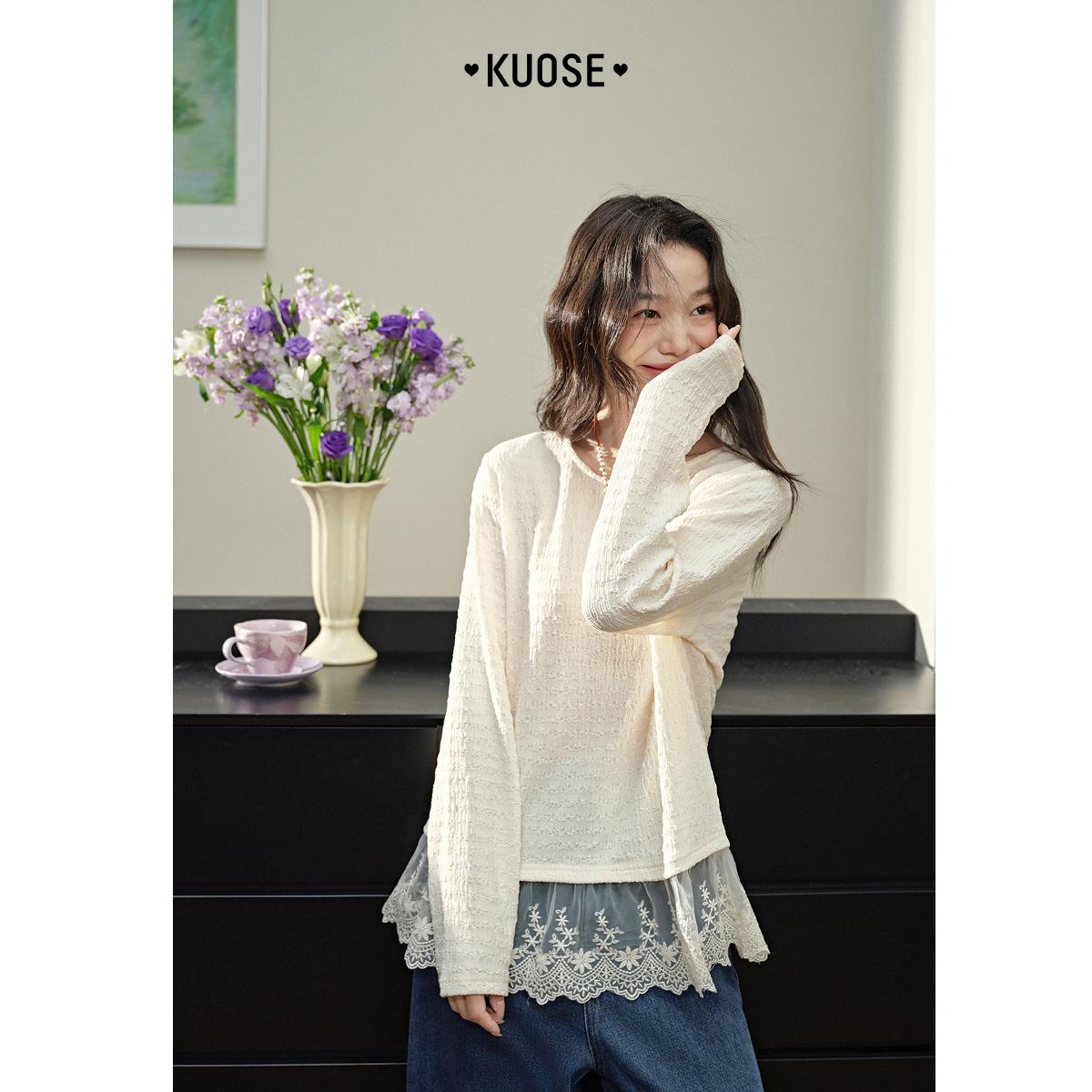 阔色蕾丝拼接打底衫2025秋季新款法式气质中长款上衣KSD2412009