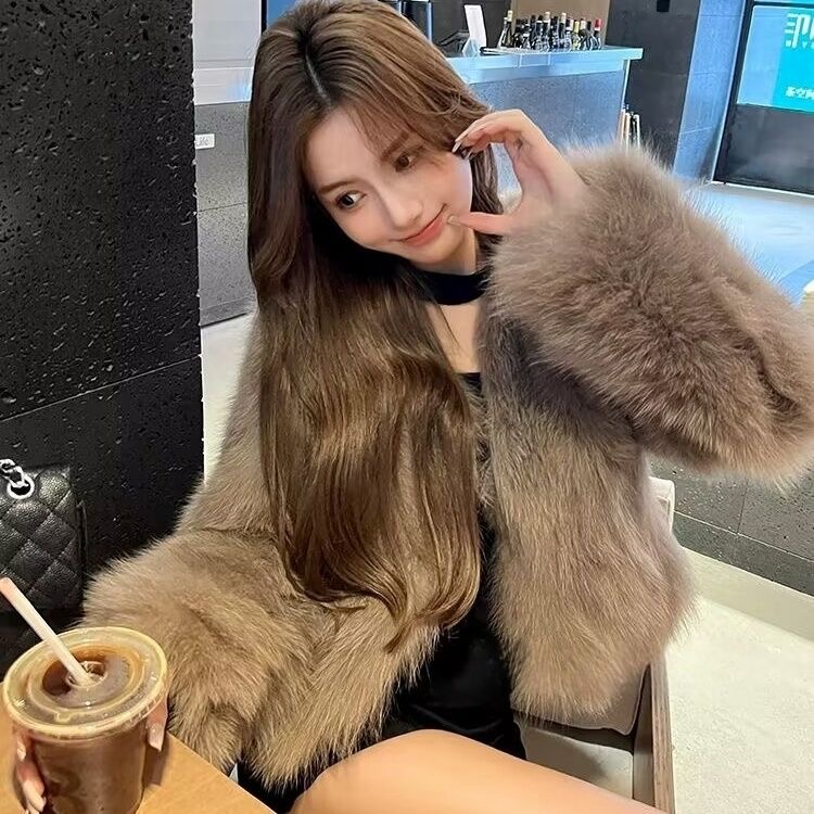 2025秋冬时尚毛毛外套女托卡毛年轻短款韩版经典气质名媛V领休闲