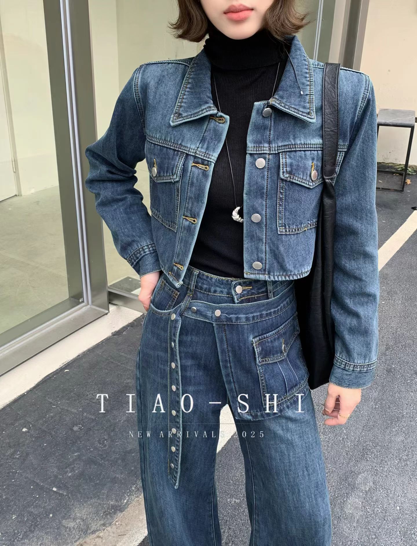 加绒牛仔套装工装风牛仔衬衫短外套设计感假两件阔腿直筒裤两件套