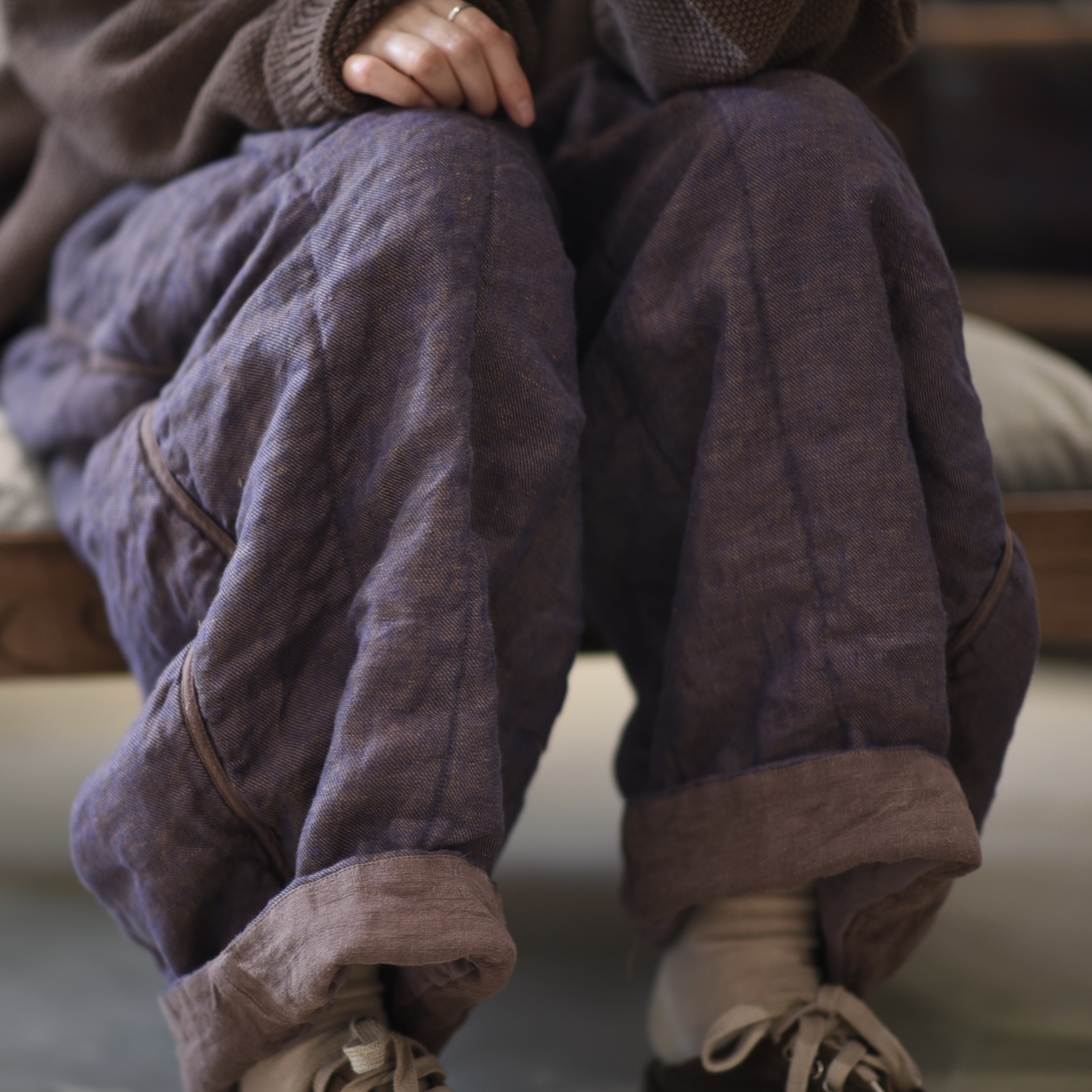 FZ1001 色织亚麻双层夹棉休闲阔腿棉裤