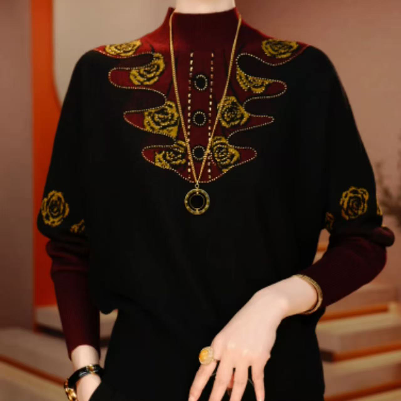 烫钻拼色休闲针织衫2025冬季新款女士妈妈时尚宽松遮肉保暖毛衣女