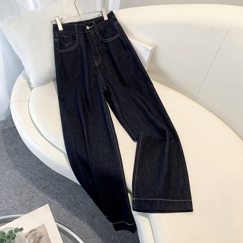 丹宁蓝直筒牛仔裤女2025春季新款高腰显瘦百搭宽松窄版烟管阔腿裤