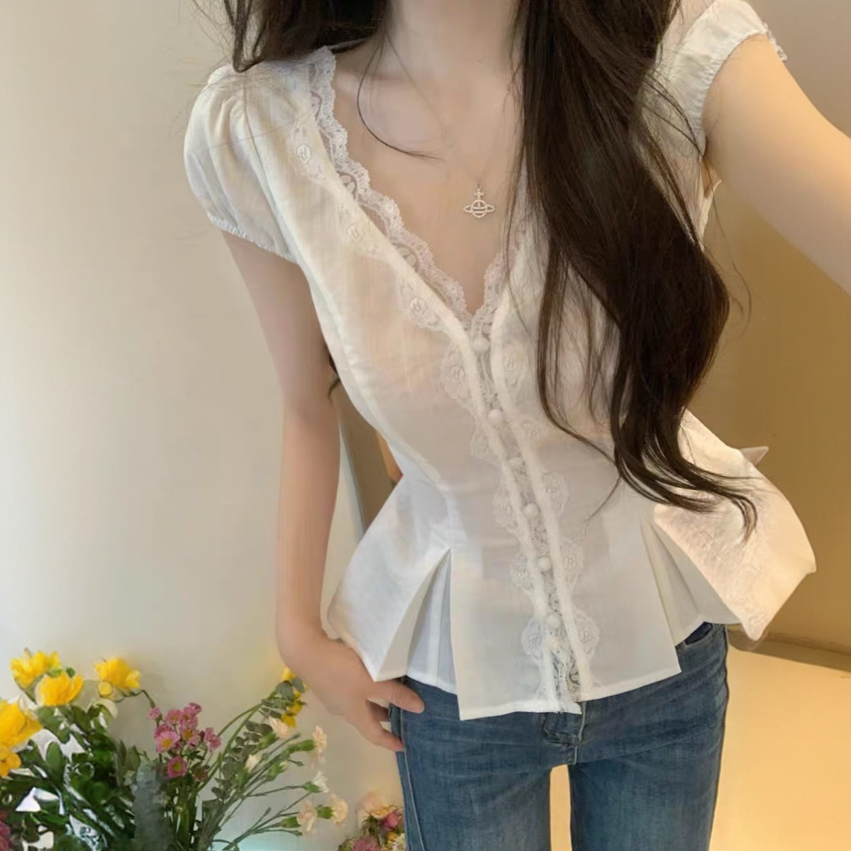 7515 蕾丝边短袖衬衫（有隐形拉链需要拉开再穿）