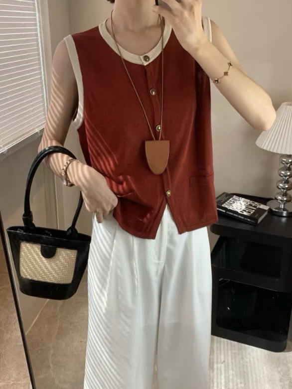 韩系氛围感撞色边小香风无袖针织显瘦开衫马夹背心女8072
