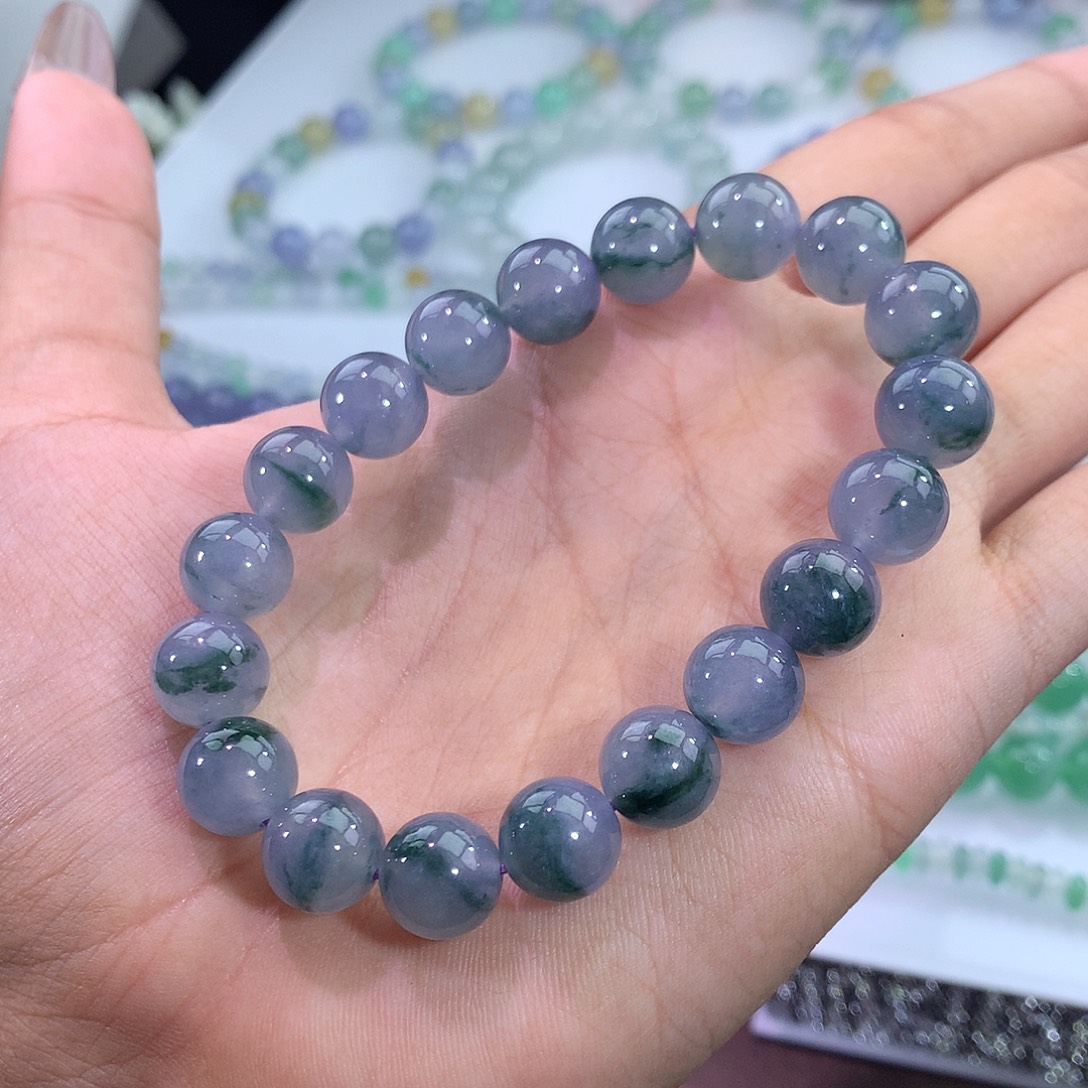 翡翠未镶嵌手链22号 浓郁冰蓝紫飘花手串