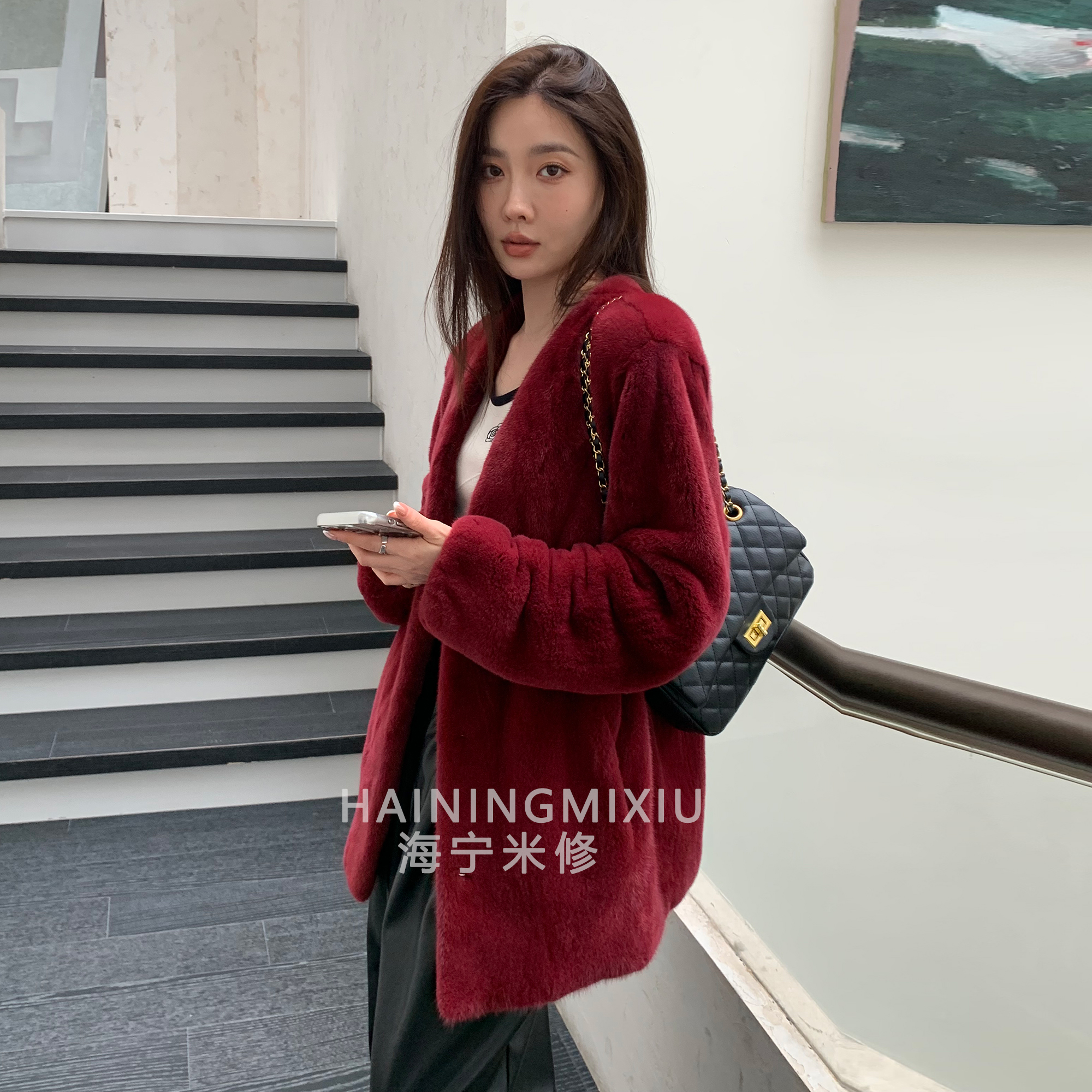 2487进口新款天鹅绒时尚V领冬装外套整貂年轻水貂皮草女新款