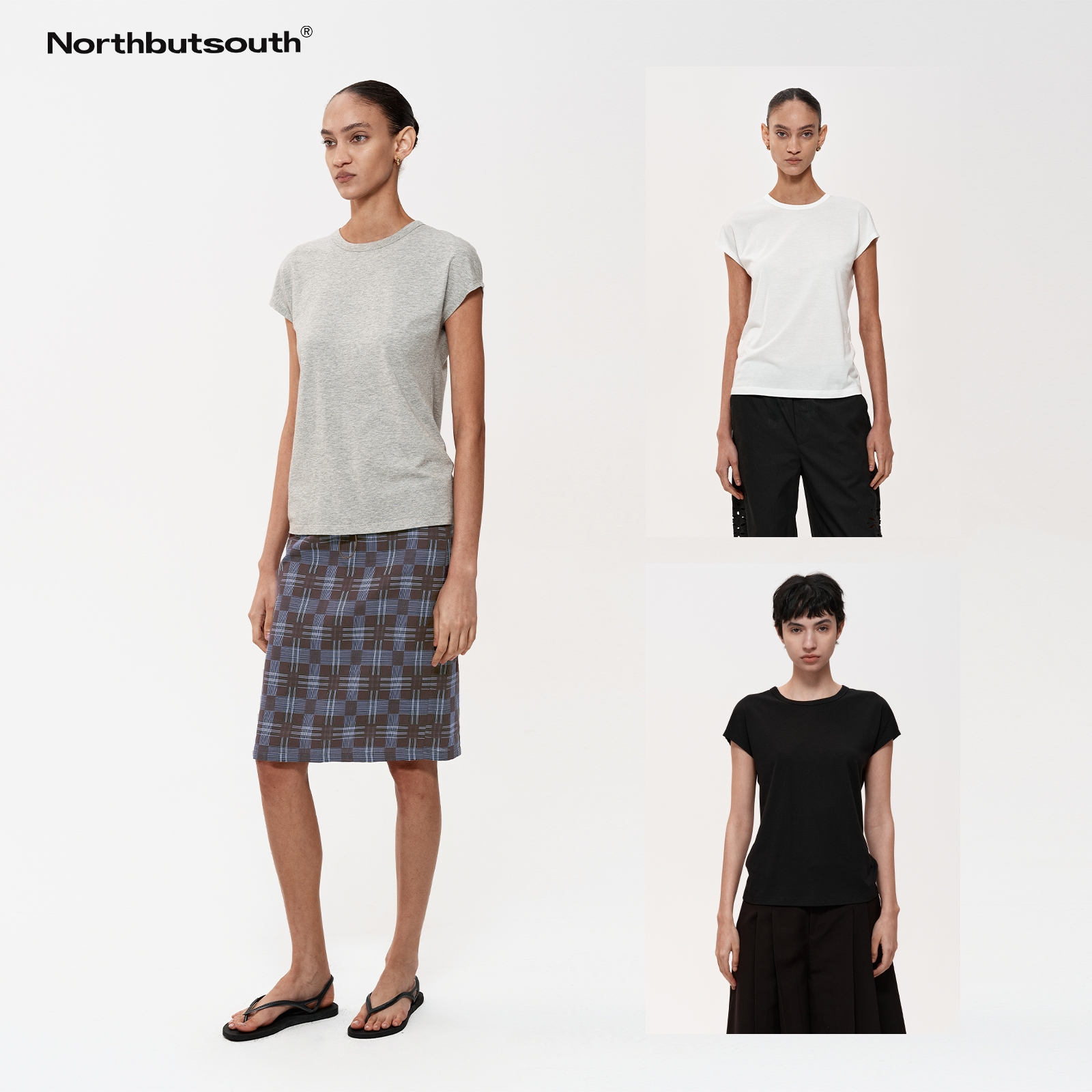 Northbutsouth三色连肩袖经典圆领百搭休闲t恤