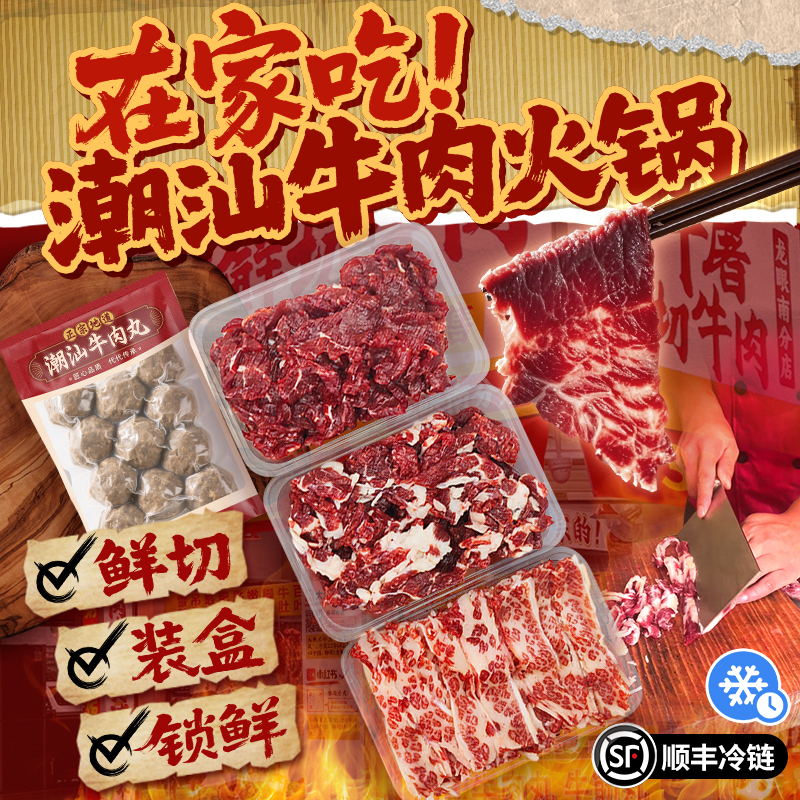 鲜切正宗潮汕牛肉火锅牛肉丸套餐 切好装盘速冻 全程冷链坏单包赔