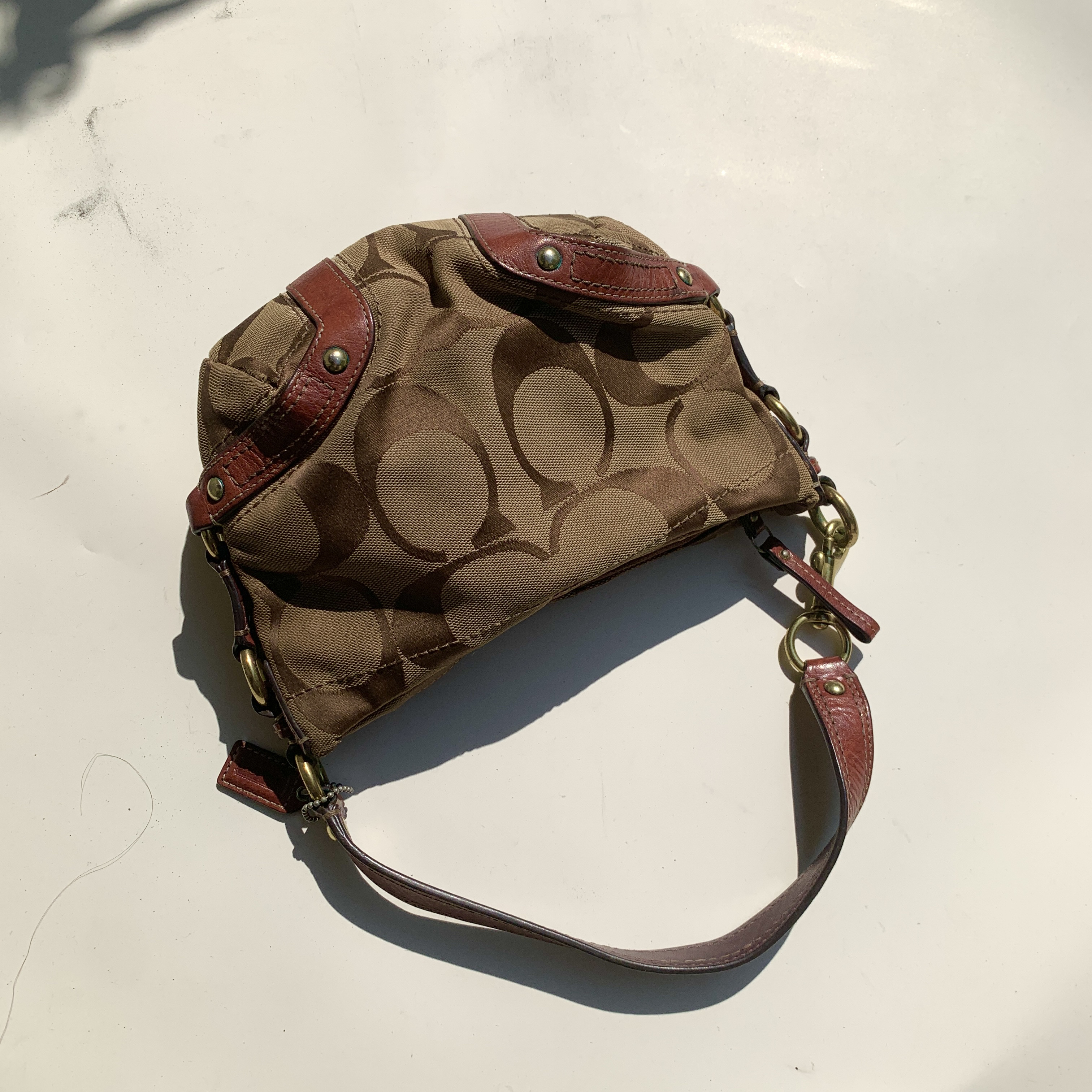 95新 COACH/蔻驰 经典百搭简约时尚复古老花帆布腋下元宝包女士