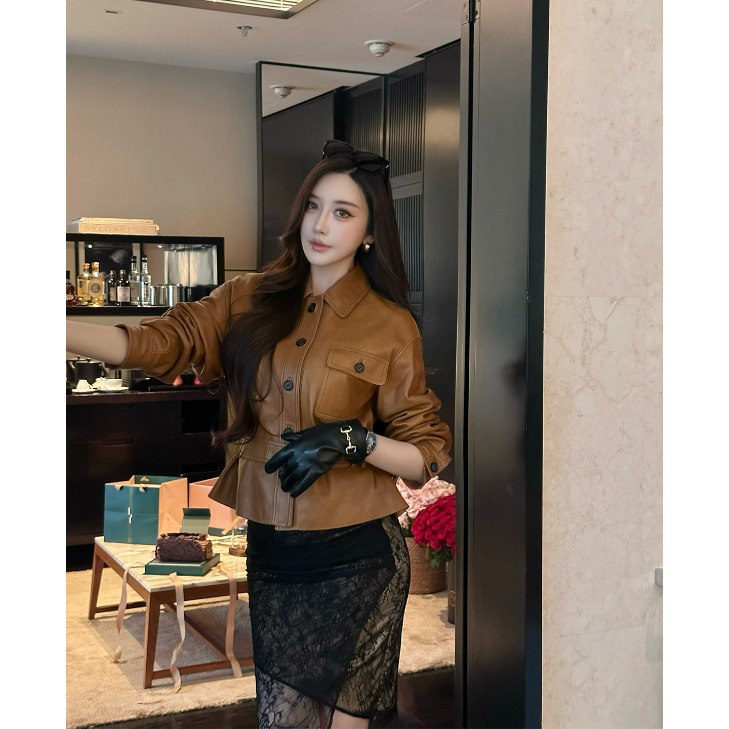 SX善喜酷飒风油蜡绵羊皮短外套女高级轻熟气质猎装皮夹克真皮皮衣