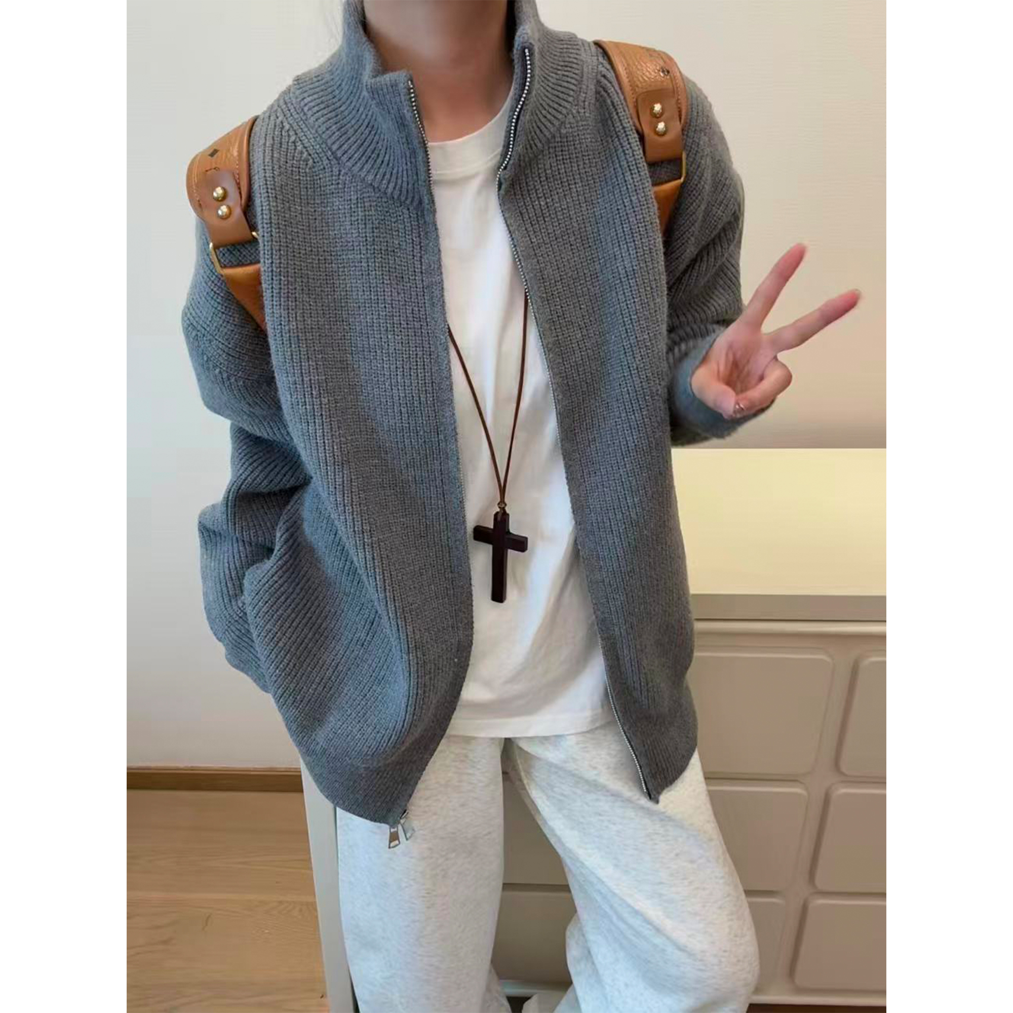 cleanfit拉链开衫立领毛衣男款秋季宽松慵懒风针织衫美式复古外套