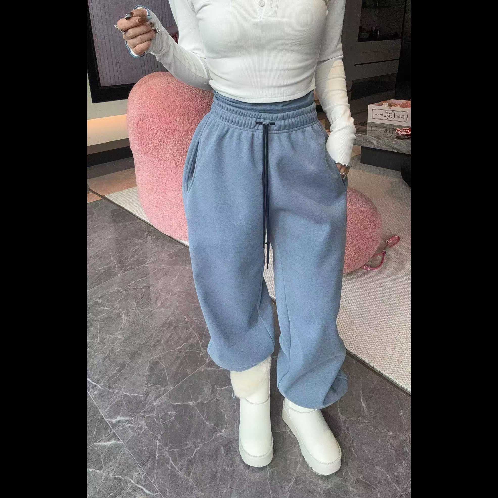 LIN-【海盐雾蓝】加绒窄版型可收口卫裤