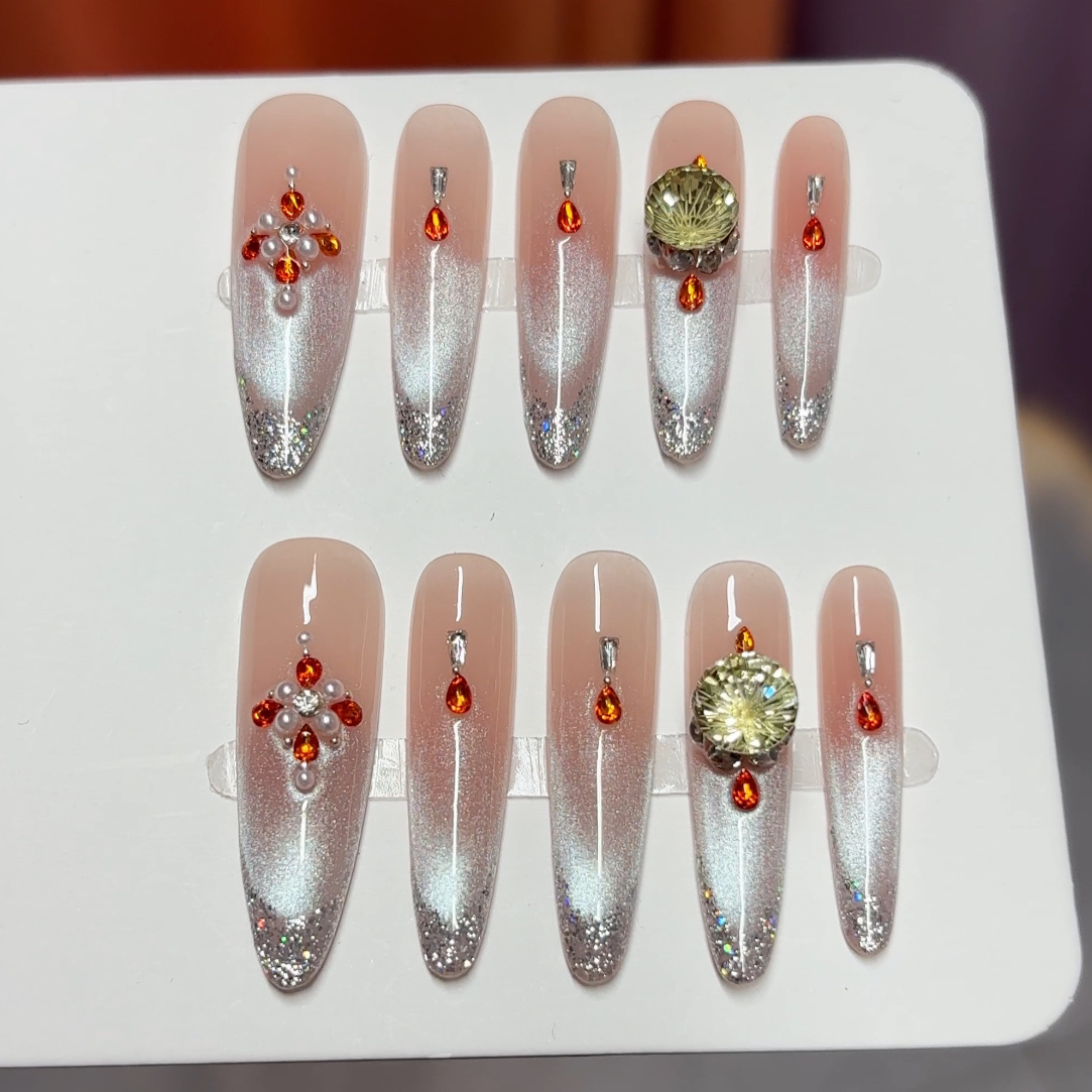 032纯手工穿戴甲掐丝珐琅天火烟花切猫眼花瓣显白气质国风美甲