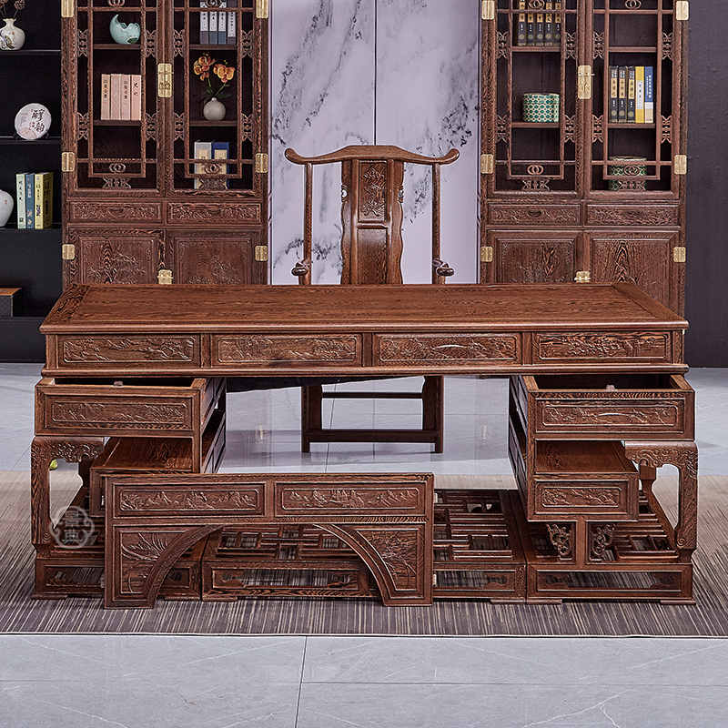 弯角办公桌 国标红木家具鸡翅木办公桌写字台老板桌实木大班台