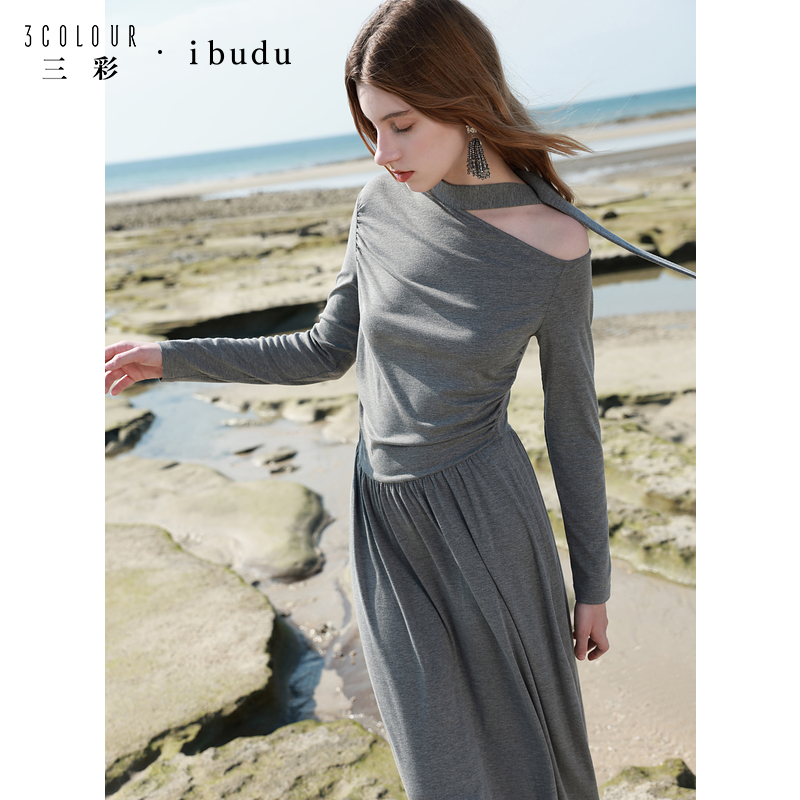 【小铃铛】三彩ibudu2025春季新款飘带修身收腰A摆连衣裙长裙dbc