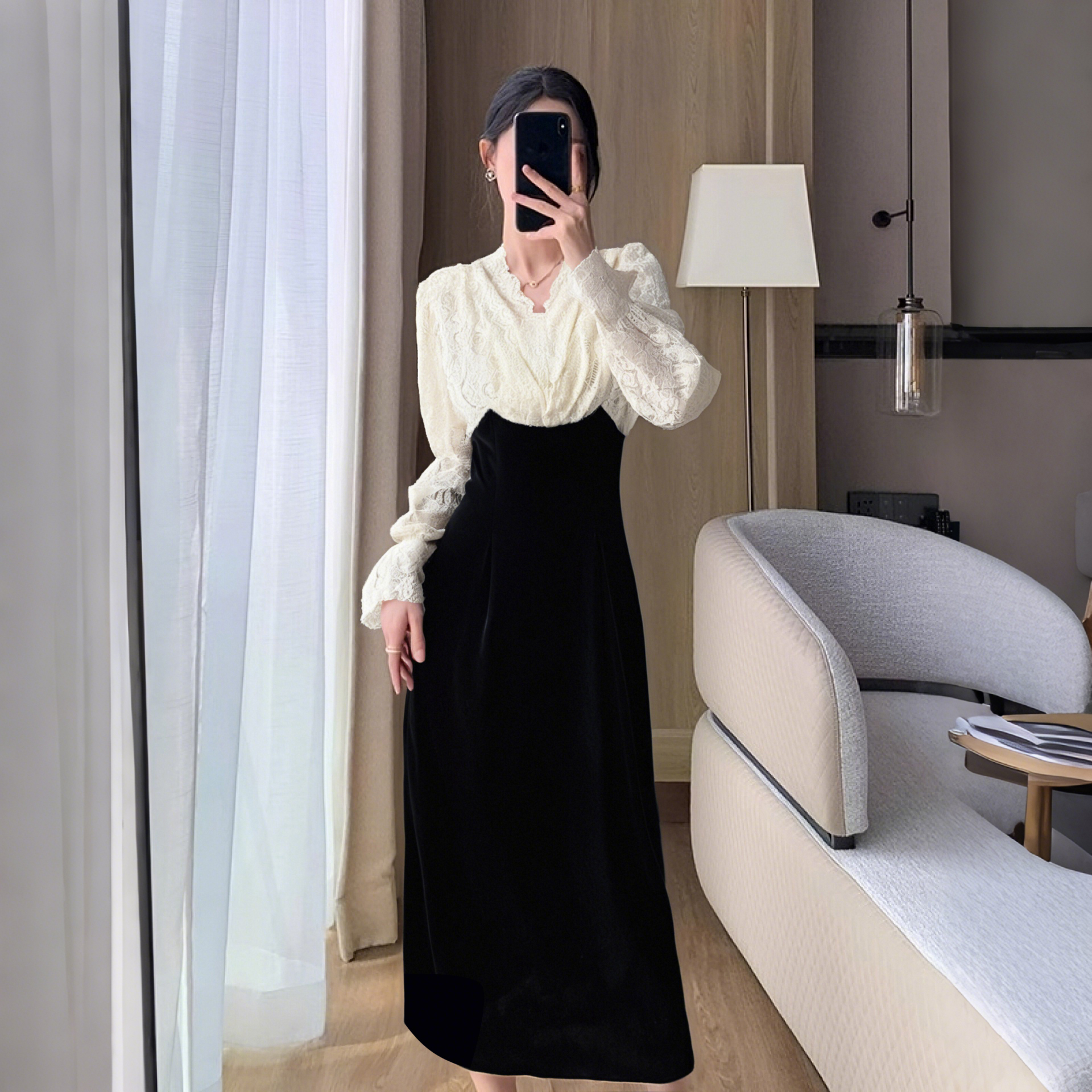 【喜妙】【米杏色】2025新款名媛显瘦假两件蕾丝包臀女装连衣裙2661