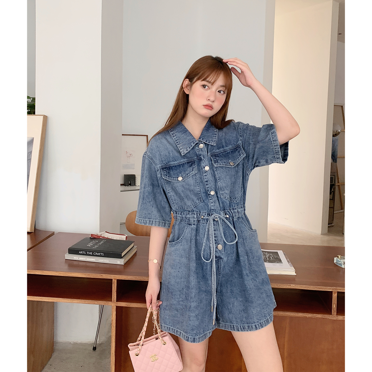 晶咕白标~抽绳牛仔短袖连体裤女夏季大码短款复古收腰